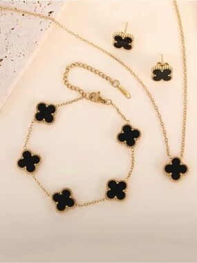 Gold and Black Clover Pendant Necklace, Bracelet & Stud Earring Set